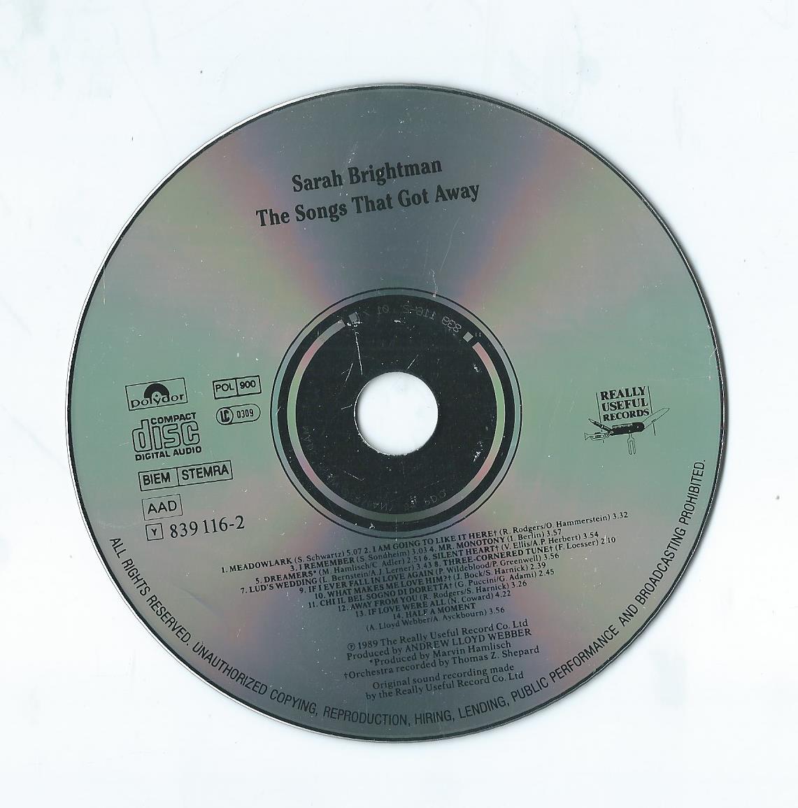CD – Sarah Brightman – The Songs That Got Away - 1989