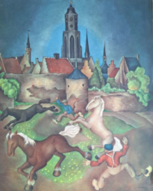 Prent - Drukte buiten de stadspoort - Louis (Johannes Lodewijk) Schrikkel (1903-1995) - 1934