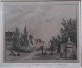 Prent - GEZIGT VAN DE DAMPOORT IN DE STAD MIDDELBURG - J.F. Schütz - 1851