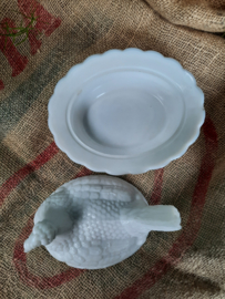 Opaline kip op mand