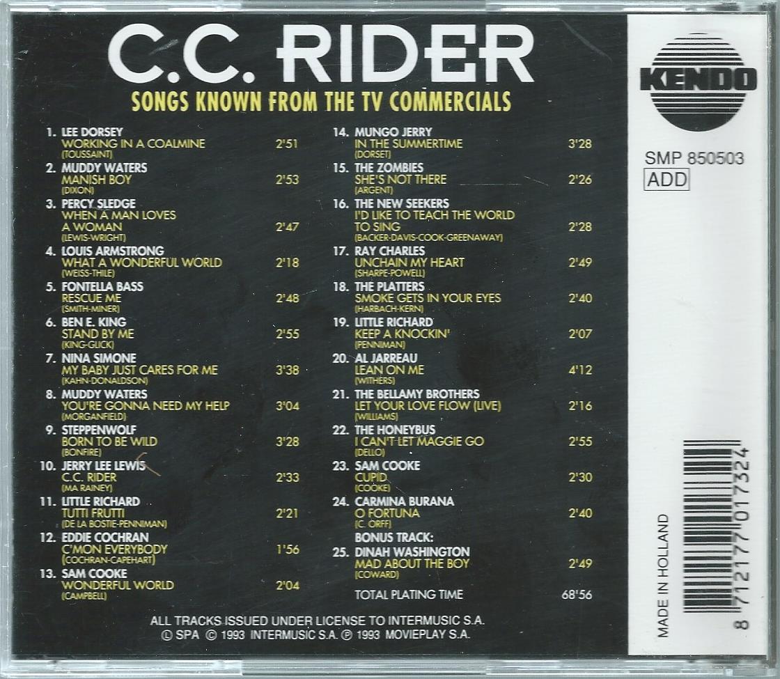 CD – Various - C.C. RIDER - SONGS KNOWN FROM THE TV COMMERCIALS - 1993