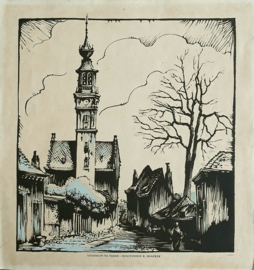 Prent - STADHUIS TE VEERE – HOUTSNEDE R. SNAPPER (1907-1988) – ca. 1942