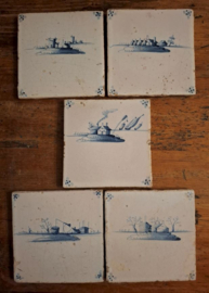 Antieke tegels – Delft – 5 stuks - ca. 19e eeuw