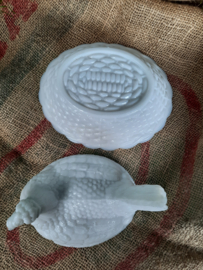 Opaline kip op mand