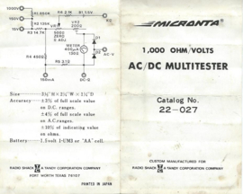 MICRONTA 1.000 OHMS/VOLT MULTITESTER – CAT. NO. 22-027 – ca. 1980