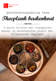 Theeplank beukenhout met 6 blikjes thee en doseerlepel
