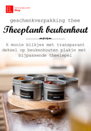 Theeplank beukenhout met 6 blikjes thee en doseerlepel