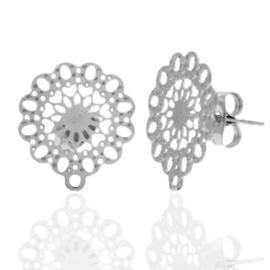 Roestvrij stalen (RVS) Stainless steel oorbellen/oorstekers bohemian bloem met oogje Zilver