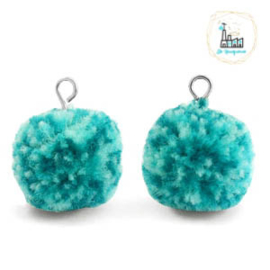 POMPOM BEDELS MET OOG 15MM MIX GREEN-SILVER