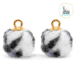 Pompom bedels met oog faux fur leopard 12mm Off white-gold