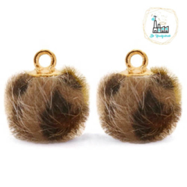 Pompom bedels met oog faux fur leopard 12mm Chocolate brown-gold