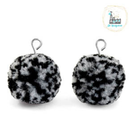 POMPOM BEDELS MET OOG 15MM BLACK WHITE-SILVER 