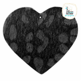 Hairy imi leer hangers hart met leopardprint Black Antraciet 56x50mm