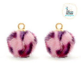 POMPOM BEDELS FAUX FUR LEOPARD PINK 12MM