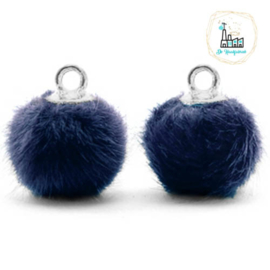 Pompom bedels met oog faux fur 12mm Dark blue-silver