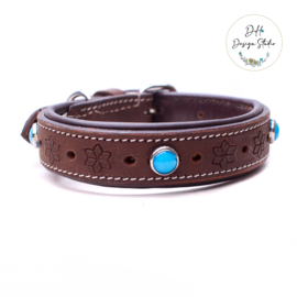 Honden Riem Bruin leer met aqua blauwe studs M