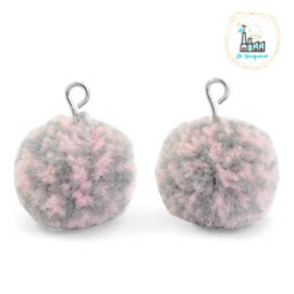 POMPOM BEDELS MET OOG 15MM MIX PINK GREY-SILVER 