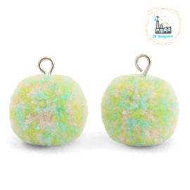 POMPOM BEDELS MET OOG 15MM MIX PASTEL GREEN-SILVER 