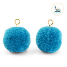 POMPOM BEDELS MET OOG 15MM LIGHT CERULEAN BLUE-GOLD