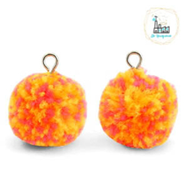 POMPOM BEDELS MET OOG 15MM MIX ORANGE-SILVER 