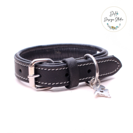 Honden Riem Zwart leer met aqua blauwe studs XXS