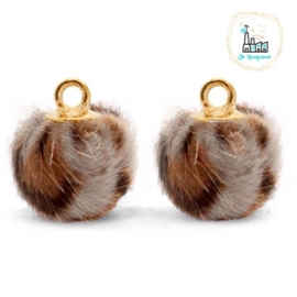 Pompom bedels met oog faux fur leopard 12mm Taupe brown-gold