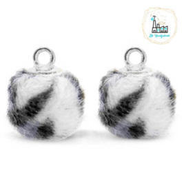 Pompom bedels met oog faux fur leopard 12mm Off white-silver