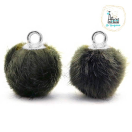 Pompom bedels met oog faux fur 12mm Olive grey-silver