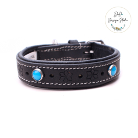 Honden Riem Zwart leer met aqua blauwe studs M