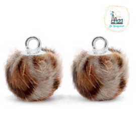 Pompom bedels met oog faux fur leopard 12mm Taupe brown-silver