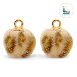 Pompom bedels met oog faux fur leopard 12mm Camel brown-gold