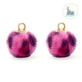 POMPOM BEDELS FAUX FUR LEOPARD NEON PINK 12MM