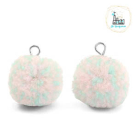 POMPOM BEDELS MET OOG 15MM MIX TURQUOISE LIGHT PINK-SILVER 