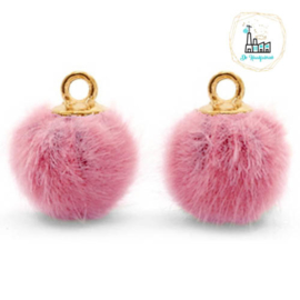 Pompom bedels met oog faux fur 12mm Vintage dark pink-gold