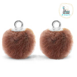 Pompom bedels met oog faux fur 12mm Red brown-silver