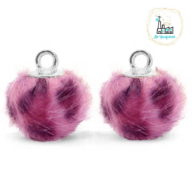 Pompom bedels met oog faux fur leopard 12mm Purple pink-silver