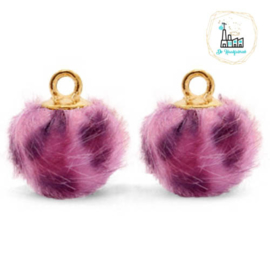 Pompom bedels met oog faux fur leopard 12mm Purple pink-gold