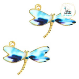 Metalen bedels libelle Gold white-blue 21x15mm