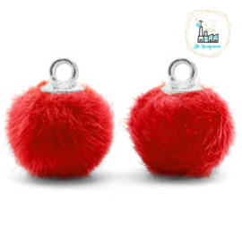 Pompom bedels met oog faux fur 12mm Siam red-silver