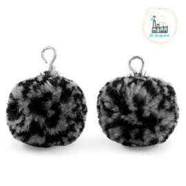 POMPOM BEDELS MET OOG 15MM BLACK GREY-SILVER 