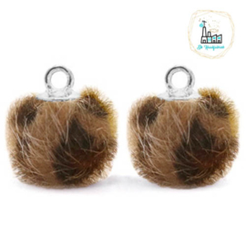 Pompom bedels met oog faux fur leopard 12mm Chocolate brown-silver