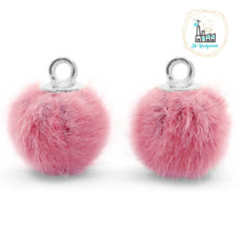 Pompom bedels met oog faux fur 12mm Vintage dark pink-silver