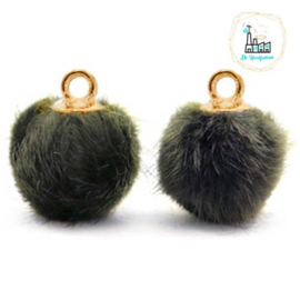 Pompom bedels met oog faux fur 12mm Olive grey-gold