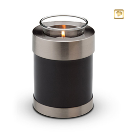 Waxinelichthouder-mini urn, antraciet grijs met zilverkleurige messing band. Voorzien van GlossCoat™