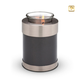 Waxinelichthouder-mini urn, antraciet grijs met zilverkleurige messing band.