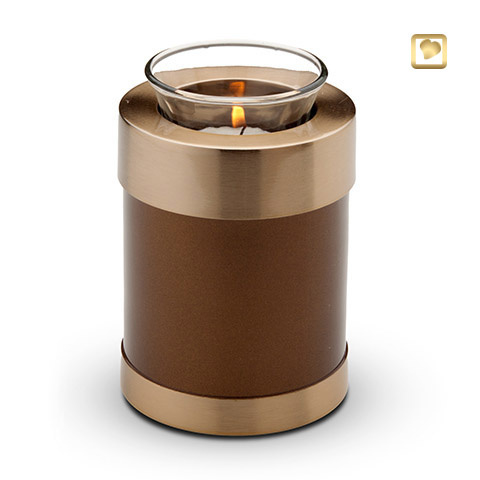 Waxinelichthouder-mini urn, bruin met goudkleurige messing band.