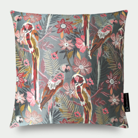 Kussen "2 Parrots" papegaai, bloemen, grijs, roze, rood, 50x50cm