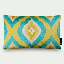 Kussen velours geel, turquoise, medaillon, "Hadaya" 60x40cm