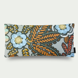 Kussen katoen, bloemen, oranje, blauw-grijs, zwart "African flowers" 65x35cm