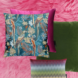 Kussen papegaai, vogels, groen, roze, blauw 50x50cm